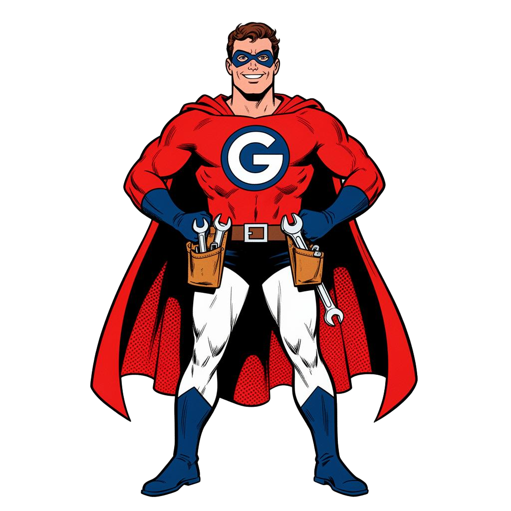 SuperGarageman superhero with G emblem and red cape holding giant wrench